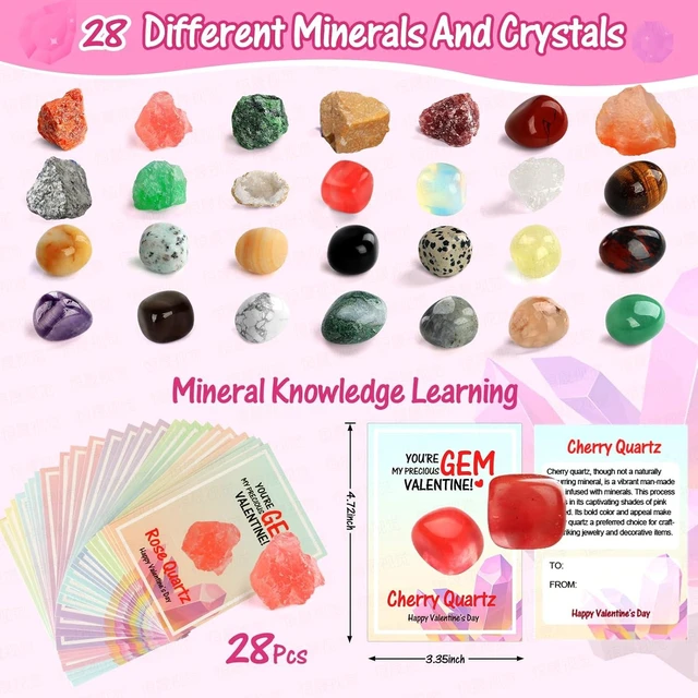 Alt view image 9 of 12 - Gifts for Kids - 28 Pack Exchange Cards & Natural Gemstone Crystals Rocks Minerals Bulk,Cards for Boys Girls Classroom Party Favors