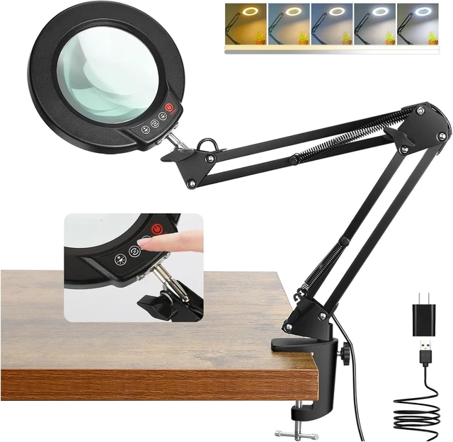 Alt view image 8 of 14 - Coyeth 10X Magnifying Glass with Light and Clamp, Real Glass Stand Lighted Magnifier, 5 Color Modes Stepless Dimmable LED Desk Lamp Hands Free for Crafts Hobby Reading Painting Sewing Close Work