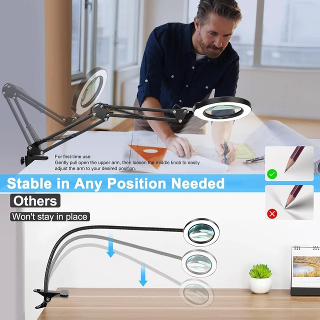 Alt view image 13 of 14 - Coyeth 10X Magnifying Glass with Light and Clamp, Real Glass Stand Lighted Magnifier, 5 Color Modes Stepless Dimmable LED Desk Lamp Hands Free for Crafts Hobby Reading Painting Sewing Close Work