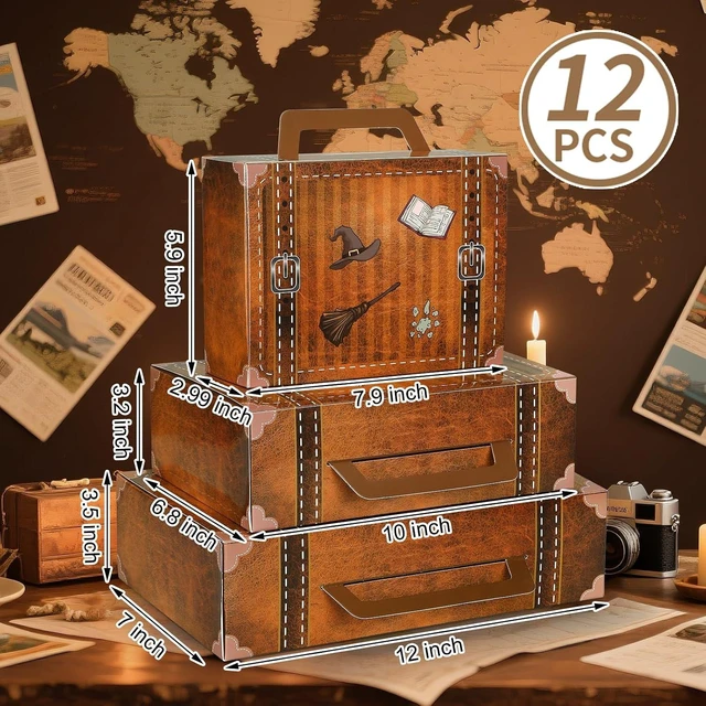 Alt view image 9 of 14 - 12 Pcs Magic Party Decorations Around The World Paperboard Suitcases Box Table Centerpieces 3 Size Vintage Stackable Trunk for Magical Birthday Around The World Party Photo Booth Supplies