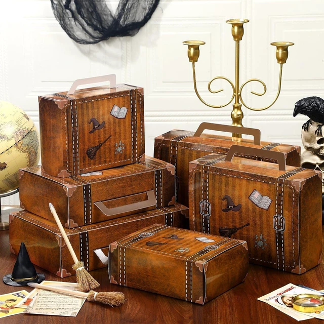 Alt view image 13 of 14 - 12 Pcs Magic Party Decorations Around The World Paperboard Suitcases Box Table Centerpieces 3 Size Vintage Stackable Trunk for Magical Birthday Around The World Party Photo Booth Supplies