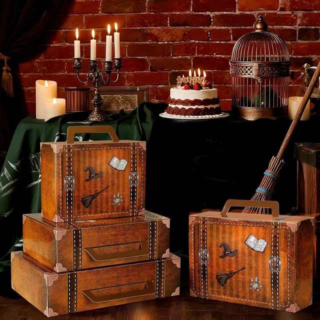 Alt view image 14 of 14 - 12 Pcs Magic Party Decorations Around The World Paperboard Suitcases Box Table Centerpieces 3 Size Vintage Stackable Trunk for Magical Birthday Around The World Party Photo Booth Supplies