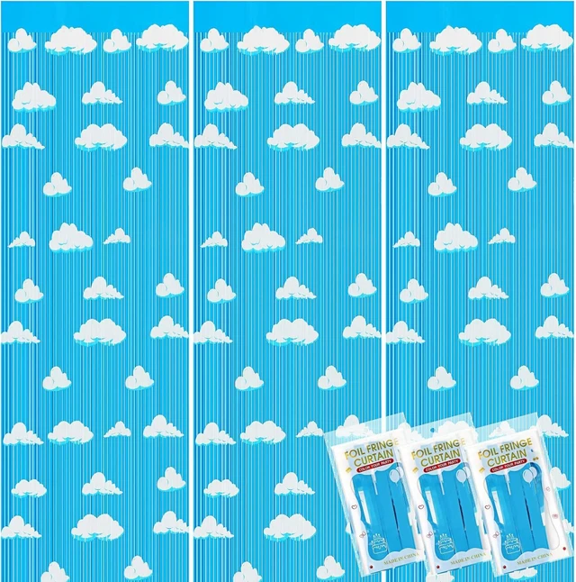Alt view image 7 of 12 - XunYee Blue Sky White Clouds Birthday Party Supplies, Clouds Theme Tinsel Foil Fringe Curtains Toy Party Supplies, Cartoon Story Backdrop for Baby Shower Decorations(3 Pack)