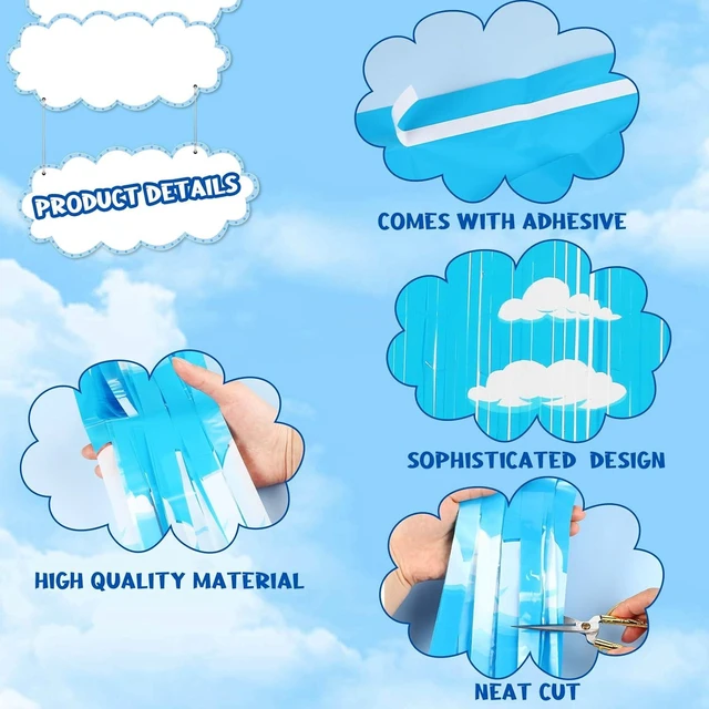 Alt view image 10 of 12 - XunYee Blue Sky White Clouds Birthday Party Supplies, Clouds Theme Tinsel Foil Fringe Curtains Toy Party Supplies, Cartoon Story Backdrop for Baby Shower Decorations(3 Pack)