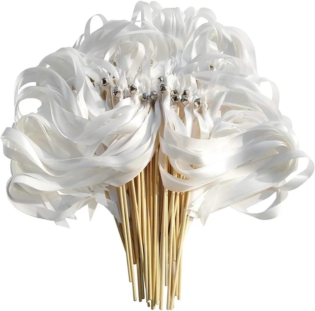 Alt view image 7 of 12 - Kingsnow 50PCS Ribbon Wands with Triple Ribbon and Silver Bell Party Wand Party Favors Streamers Ribbon Sticks Magic Fairy Wands for Wedding Decors