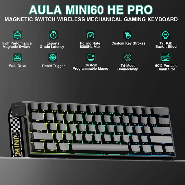 Alt view image 9 of 14 - Aula MINI60 HE PRO - 60% Mechanical Gaming Keyboard Wireless, Hall Effect Magnetic Switch Hot Swappable, Rapid Trigger Mode, 8000 Hz Polling Rate, 60 Percent Compact Design (Black)