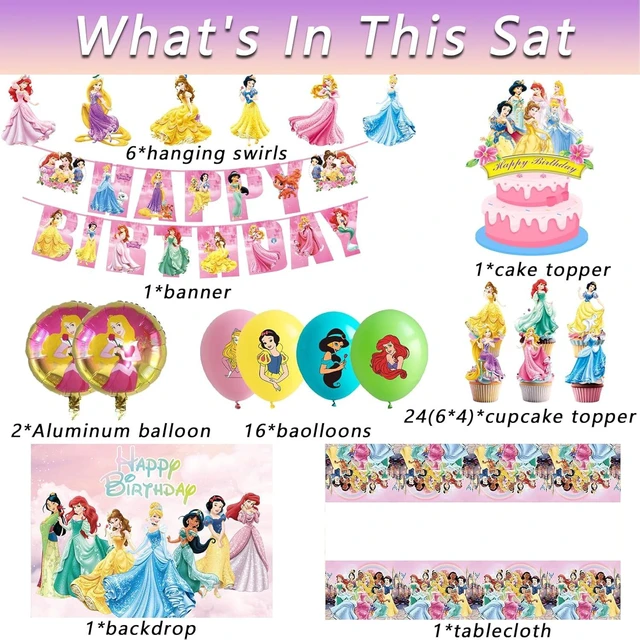 Alt view image 8 of 10 - 62PCS Disne Princess Party Supplies, Birthday Decorations Set Include Banner, Balloons, Backdrop, Cupcake Toppers, Tablecloth, Hanging Swirls for Kids Princess Theme Birthday Party
