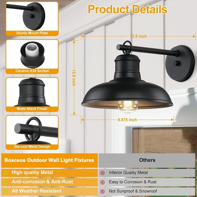 Alt view image 12 of 14 - 2-Pack Outdoor Wall Lights, Vintage Black Wall Sconces, Exterior Farmhouse Barn Light Fixtures, Indoor Wall Mount Lighting Fixtures, Anti-Rust Waterproof Exterior Light for Patio Porch Doorway Garage