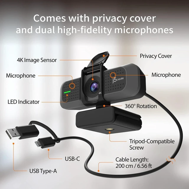 Alt view image 13 of 14 - j5create 4K Wide Angle Webcam with Microphone/Privacy Cover for Video Conferencing, Streaming, Recording and Online Teaching, Supports Zoom, Skype, Teams, OBS and More (JVU430)