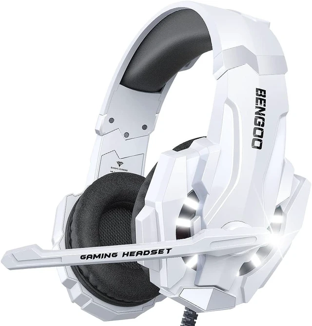 Alt view image 8 of 14 - BENGOO Pro Gaming Headset for PS4 PS5 PC Xbox One Controller, Noise Cancelling Over Ear Headphones with Mic, LED Light, Bass Surround, Soft Memory Earmuffs for Laptop Mac - White