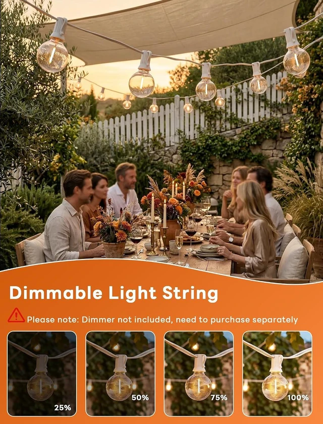 Alt view image 12 of 14 - Abeja LED Outdoor String Lights, 50FT G40 Patio String Lights with 52 Dimmable Shatterproof Bulbs, Waterproof Backyard Outdoor Hanging Lights for Backyard, Bistro, Porch, Deck Decor