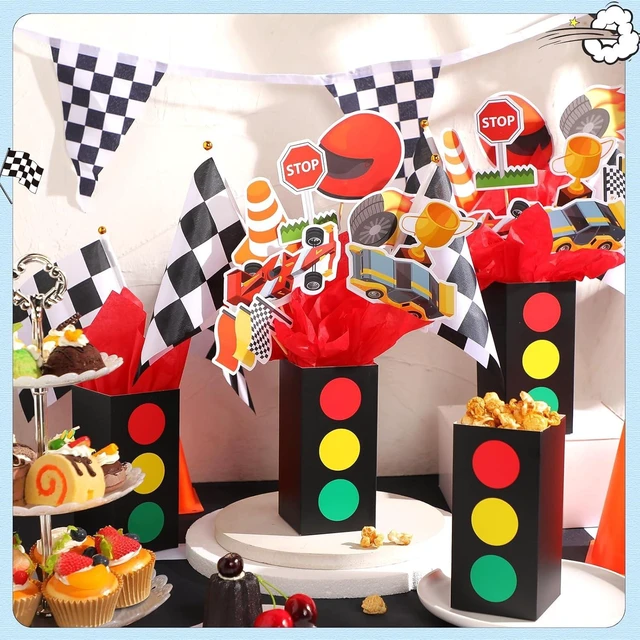 Alt view image 11 of 14 - 12 Sets Race Car Birthday Party Decorations Race Car Centerpieces for Tables with Traffic Boxes Themed Baby Shower Decoration Cutouts Checkered Flags for Birthday Theme Party Supplies