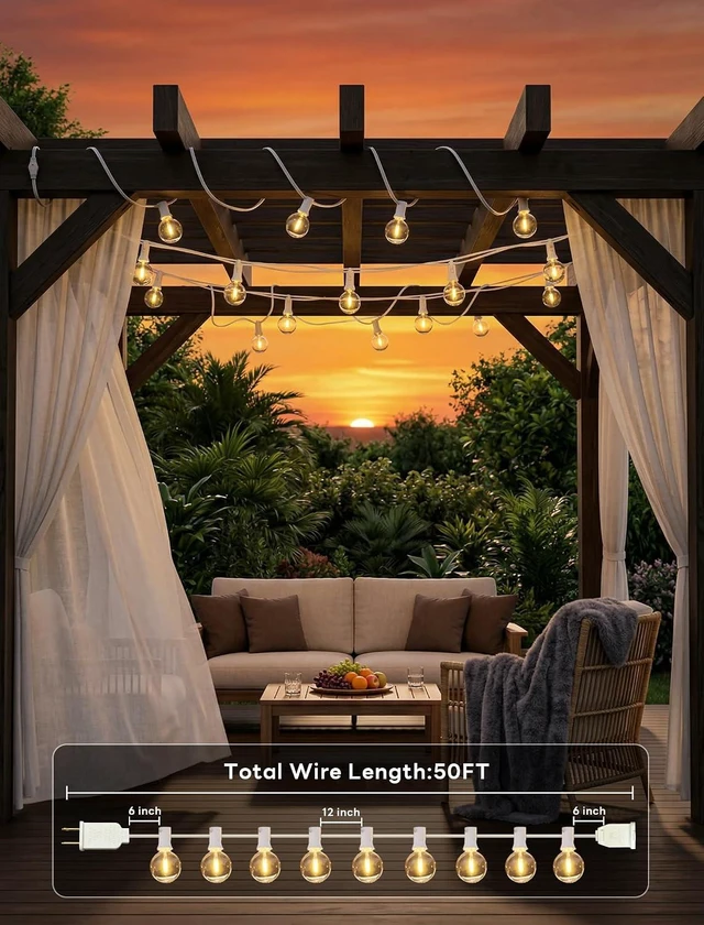 Alt view image 9 of 14 - Abeja LED Outdoor String Lights, 50FT G40 Patio String Lights with 52 Dimmable Shatterproof Bulbs, Waterproof Backyard Outdoor Hanging Lights for Backyard, Bistro, Porch, Deck Decor