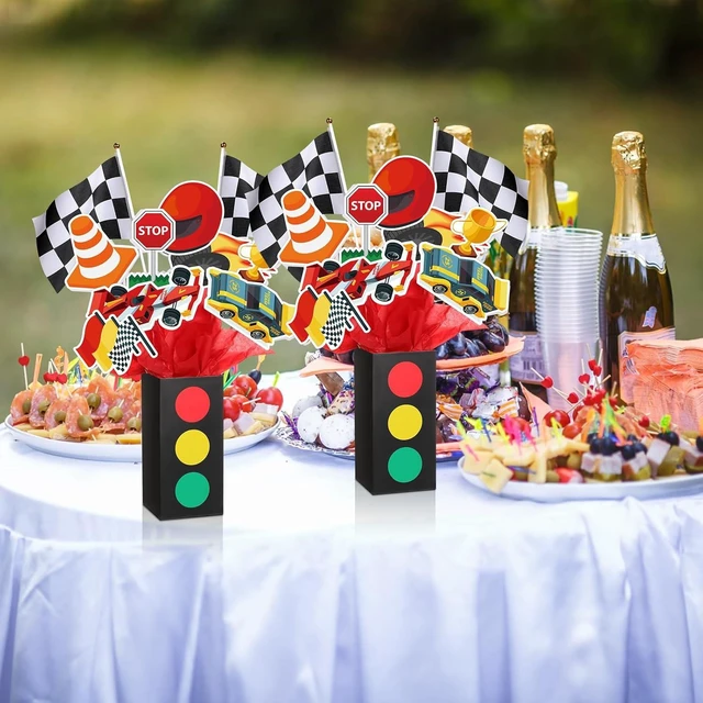 Alt view image 14 of 14 - 12 Sets Race Car Birthday Party Decorations Race Car Centerpieces for Tables with Traffic Boxes Themed Baby Shower Decoration Cutouts Checkered Flags for Birthday Theme Party Supplies