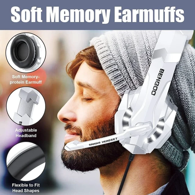 Alt view image 10 of 14 - BENGOO Pro Gaming Headset for PS4 PS5 PC Xbox One Controller, Noise Cancelling Over Ear Headphones with Mic, LED Light, Bass Surround, Soft Memory Earmuffs for Laptop Mac - White