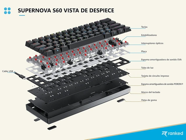 Alt view image 10 of 14 - Ranked S60 Supernova 60% | Hot Swappable Mechanical Gaming Keyboard | 62 Keys Multi Color RGB LED Backlit for PC/Mac Gamer | ISO ES Spanish Layout (White, Gateron Optical Brown)