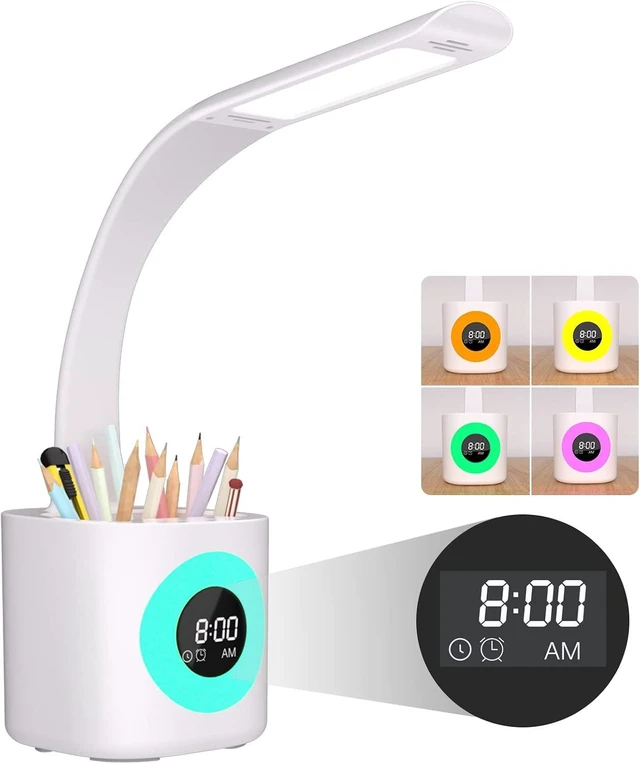 Alt view image 8 of 14 - Hokone Desk Lamp for Kids, LED Desk Light for Home Office Dimmable USB Table Lamps with Clock Pen Holder Adjustable Desk Lamps with Color Night Lamp,Children's Christmas Gifts White