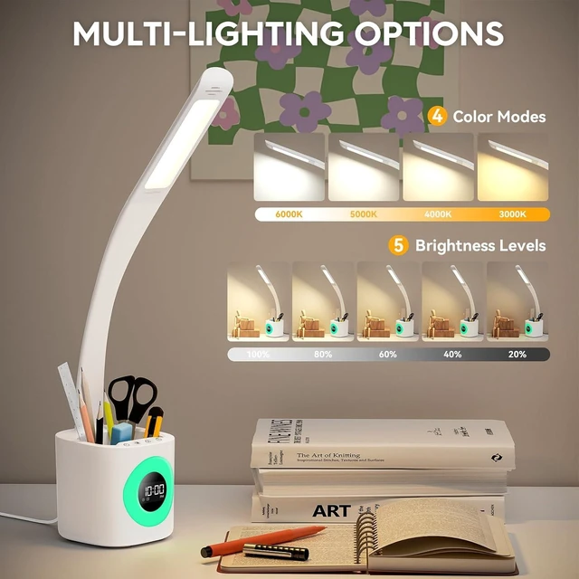 Alt view image 9 of 14 - Hokone Desk Lamp for Kids, LED Desk Light for Home Office Dimmable USB Table Lamps with Clock Pen Holder Adjustable Desk Lamps with Color Night Lamp,Children's Christmas Gifts White