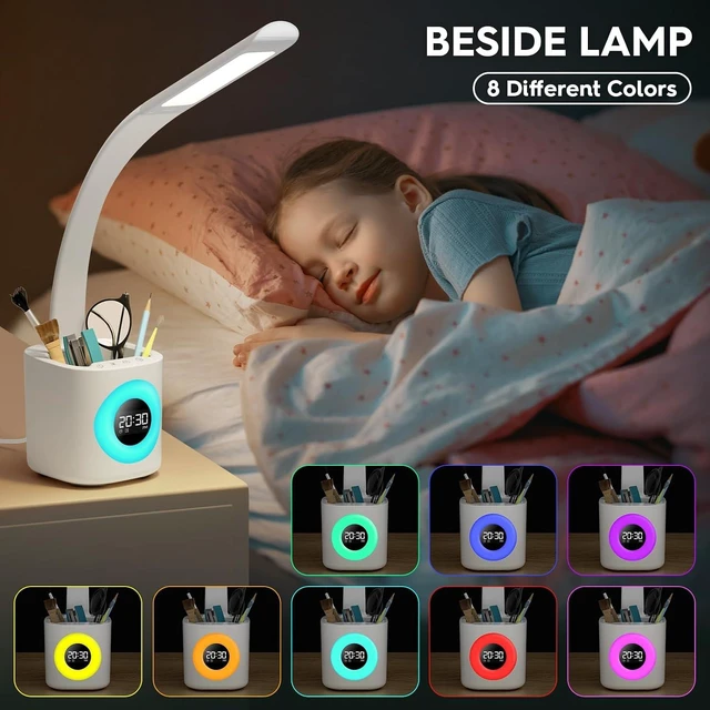Alt view image 10 of 14 - Hokone Desk Lamp for Kids, LED Desk Light for Home Office Dimmable USB Table Lamps with Clock Pen Holder Adjustable Desk Lamps with Color Night Lamp,Children's Christmas Gifts White