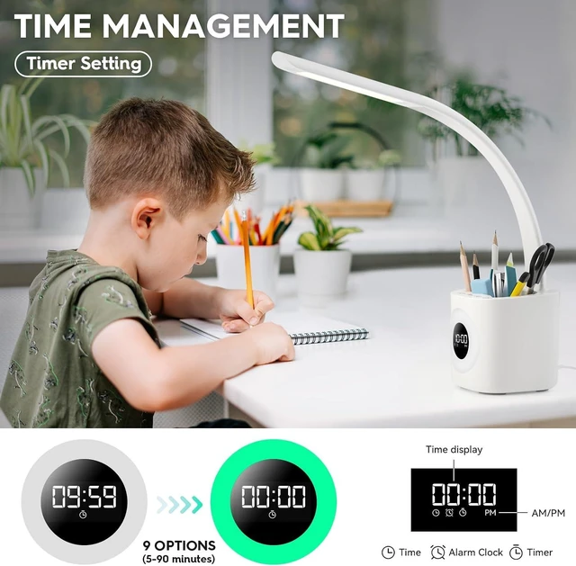 Alt view image 11 of 14 - Hokone Desk Lamp for Kids, LED Desk Light for Home Office Dimmable USB Table Lamps with Clock Pen Holder Adjustable Desk Lamps with Color Night Lamp,Children's Christmas Gifts White