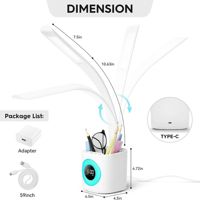 Alt view image 13 of 14 - Hokone Desk Lamp for Kids, LED Desk Light for Home Office Dimmable USB Table Lamps with Clock Pen Holder Adjustable Desk Lamps with Color Night Lamp,Children's Christmas Gifts White