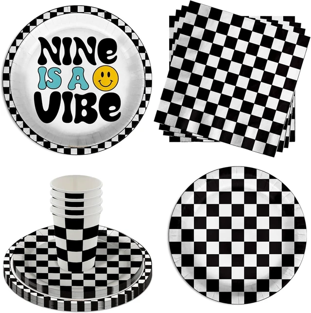 Alt view image 8 of 14 - Nine is a Vibe Smiley Face 9th Birthday Party Supplies - 64 Piece Boys Ninth Birthday Tableware Set Includes Large 9" Dinner Plates and 8" Dessert Paper Plates Napkins Cups - Kit for 16