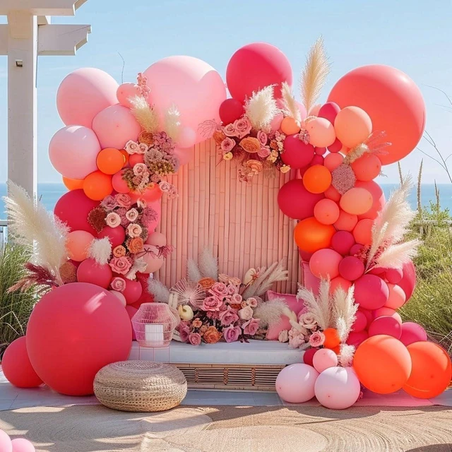 Alt view image 13 of 14 - Pink and Rose Red Balloons Garland Double Stuffed Baby Pink Balloons Different Sizes Macaron Orange Latex Balloons Arch Kit for Birthday Wedding Anniversary Baby Shower Flamingo Party Decorations