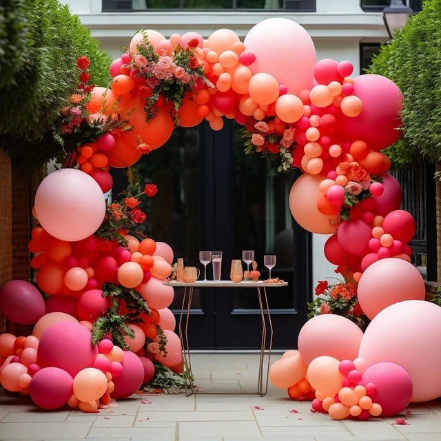 Alt view image 8 of 14 - Pink and Rose Red Balloons Garland Double Stuffed Baby Pink Balloons Different Sizes Macaron Orange Latex Balloons Arch Kit for Birthday Wedding Anniversary Baby Shower Flamingo Party Decorations