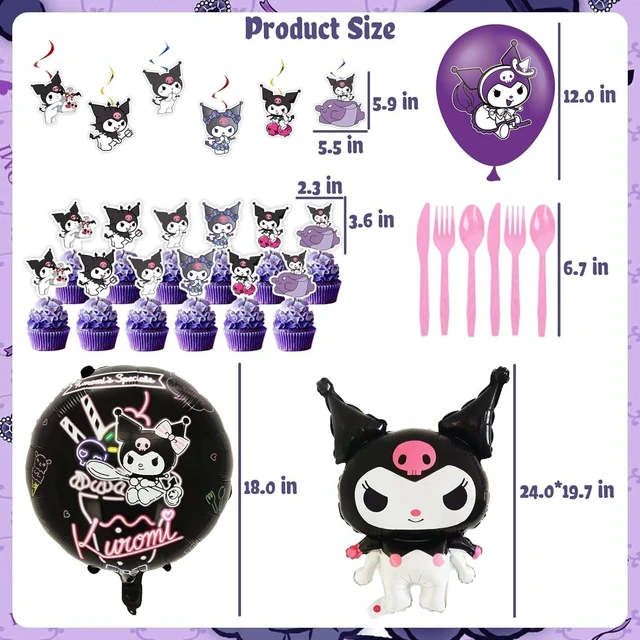 Alt view image 11 of 14 - 121Pieces Kuromi Birthday Party Decorations, Kids Cute Cartoon Party Supplies Include Happy Birthday Banner, Balloons, Tablecloth, Plates, Cupcake Toppers for Girls,Backdrop,