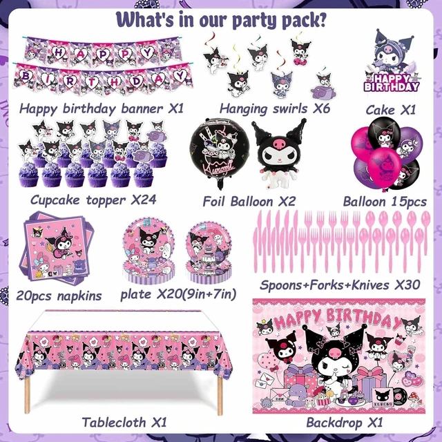 Alt view image 9 of 14 - 121Pieces Kuromi Birthday Party Decorations, Kids Cute Cartoon Party Supplies Include Happy Birthday Banner, Balloons, Tablecloth, Plates, Cupcake Toppers for Girls,Backdrop,