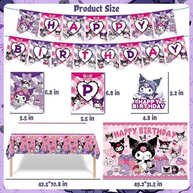 Alt view image 10 of 14 - 121Pieces Kuromi Birthday Party Decorations, Kids Cute Cartoon Party Supplies Include Happy Birthday Banner, Balloons, Tablecloth, Plates, Cupcake Toppers for Girls,Backdrop,