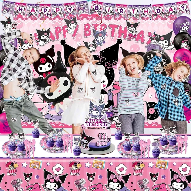 Alt view image 12 of 14 - 121Pieces Kuromi Birthday Party Decorations, Kids Cute Cartoon Party Supplies Include Happy Birthday Banner, Balloons, Tablecloth, Plates, Cupcake Toppers for Girls,Backdrop,