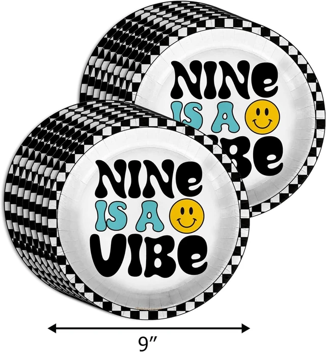 Alt view image 9 of 14 - Nine is a Vibe Smiley Face 9th Birthday Party Supplies - 64 Piece Boys Ninth Birthday Tableware Set Includes Large 9" Dinner Plates and 8" Dessert Paper Plates Napkins Cups - Kit for 16