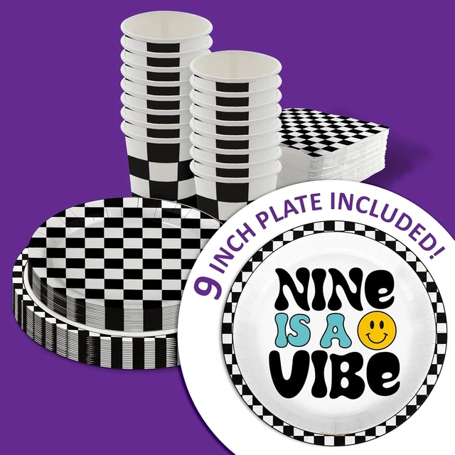 Alt view image 10 of 14 - Nine is a Vibe Smiley Face 9th Birthday Party Supplies - 64 Piece Boys Ninth Birthday Tableware Set Includes Large 9" Dinner Plates and 8" Dessert Paper Plates Napkins Cups - Kit for 16