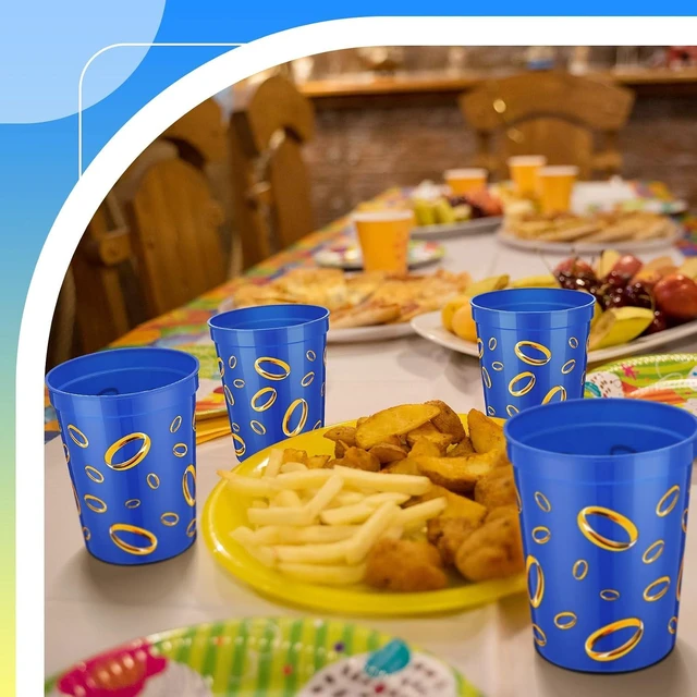 Alt view image 12 of 14 - Qinyoung 24 Pcs Blue with Gold Ring Print Themed Birthday Party Supplies Plastic Cups Reusable 16oz Cups for Cartoon Theme Birthday Party Holiday Events Decoration Favors
