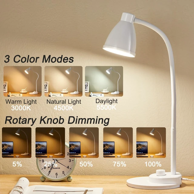 Alt view image 9 of 14 - BOHON LED Desk Lamp with USB Charging Port, 3 Color Modes Dimmable, White | Reading Lamp, Auto Dimming Task Lamp, Flexible Neck Table Light for Dorm Bedside, Adapter Include