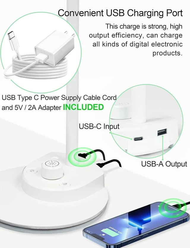 Alt view image 11 of 14 - BOHON LED Desk Lamp with USB Charging Port, 3 Color Modes Dimmable, White | Reading Lamp, Auto Dimming Task Lamp, Flexible Neck Table Light for Dorm Bedside, Adapter Include