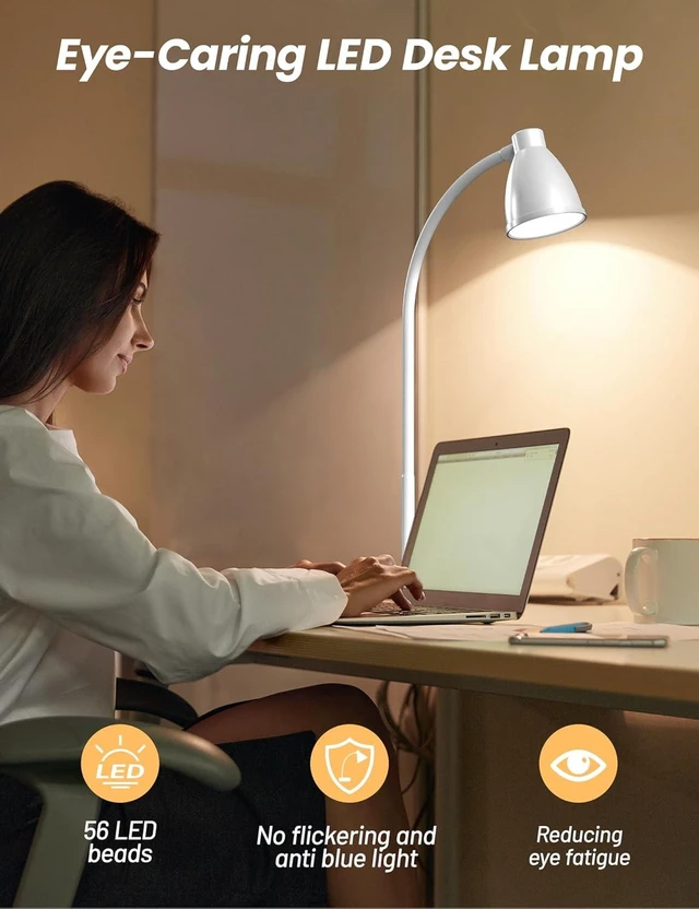 Alt view image 10 of 14 - BOHON LED Desk Lamp with USB Charging Port, 3 Color Modes Dimmable, White | Reading Lamp, Auto Dimming Task Lamp, Flexible Neck Table Light for Dorm Bedside, Adapter Include