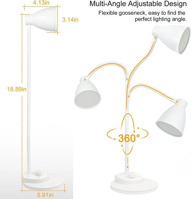Alt view image 12 of 14 - BOHON LED Desk Lamp with USB Charging Port, 3 Color Modes Dimmable, White | Reading Lamp, Auto Dimming Task Lamp, Flexible Neck Table Light for Dorm Bedside, Adapter Include
