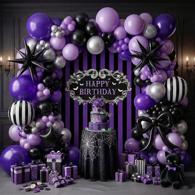 Alt view image 8 of 14 - Purple Black Balloon Arch Garland Kit with Bow Star Mylar balloons and Gothic Birthday Backdrop Black white striped balloons for Gothic Girl TV Drama Decorations Spooky Halloween Party kpop Supplies
