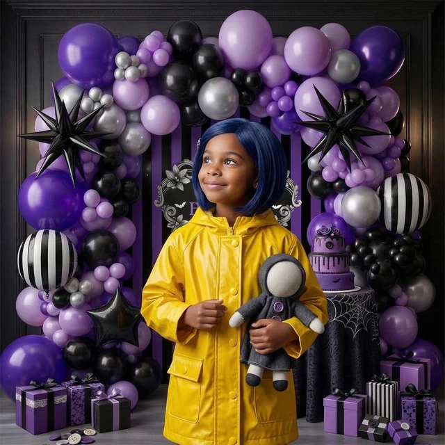 Alt view image 9 of 14 - Purple Black Balloon Arch Garland Kit with Bow Star Mylar balloons and Gothic Birthday Backdrop Black white striped balloons for Gothic Girl TV Drama Decorations Spooky Halloween Party kpop Supplies