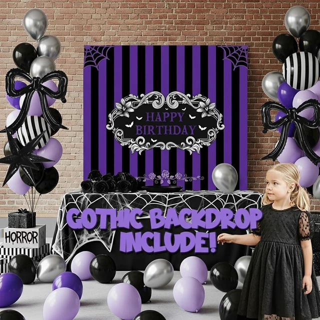 Alt view image 10 of 14 - Purple Black Balloon Arch Garland Kit with Bow Star Mylar balloons and Gothic Birthday Backdrop Black white striped balloons for Gothic Girl TV Drama Decorations Spooky Halloween Party kpop Supplies
