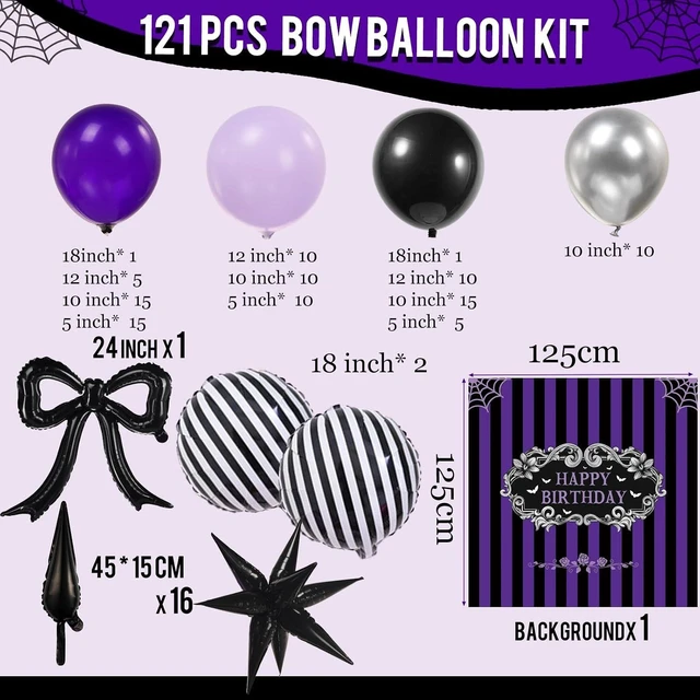 Alt view image 11 of 14 - Purple Black Balloon Arch Garland Kit with Bow Star Mylar balloons and Gothic Birthday Backdrop Black white striped balloons for Gothic Girl TV Drama Decorations Spooky Halloween Party kpop Supplies