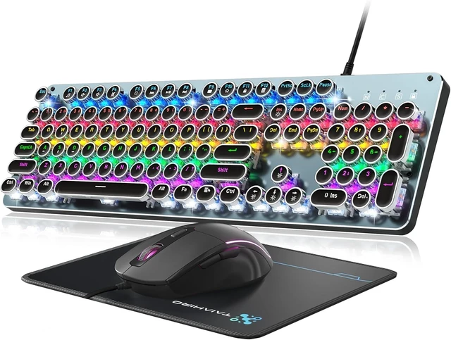 Alt view image 8 of 14 - Typewriter Style Mechanical Gaming Keyboard Blue Switch, Rainbow LED Backlit Wired Computer Keyboards Mouse and Pad Combo, Metal Panel Retro Punk Round Keycaps, 104 Keys Anti-Ghost for PC Laptop Gamer