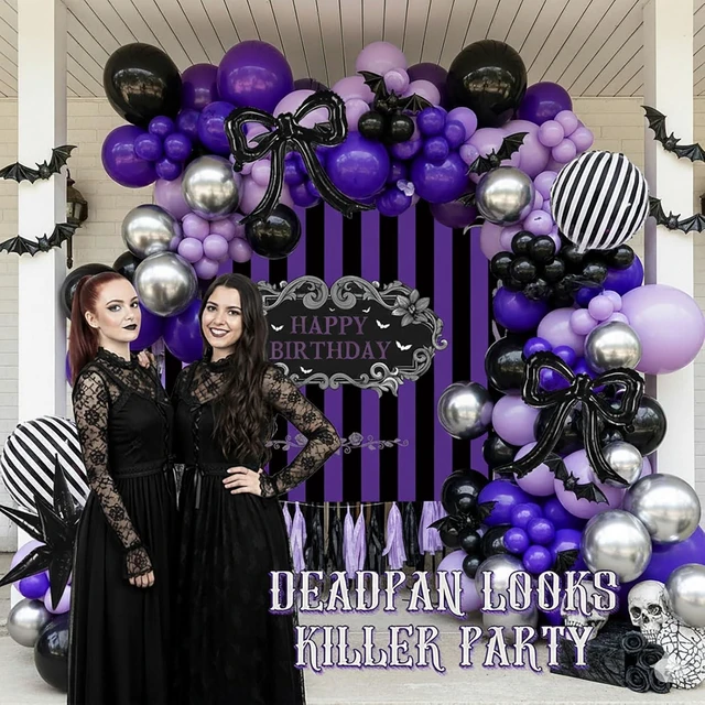 Alt view image 13 of 14 - Purple Black Balloon Arch Garland Kit with Bow Star Mylar balloons and Gothic Birthday Backdrop Black white striped balloons for Gothic Girl TV Drama Decorations Spooky Halloween Party kpop Supplies