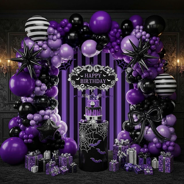 Alt view image 14 of 14 - Purple Black Balloon Arch Garland Kit with Bow Star Mylar balloons and Gothic Birthday Backdrop Black white striped balloons for Gothic Girl TV Drama Decorations Spooky Halloween Party kpop Supplies