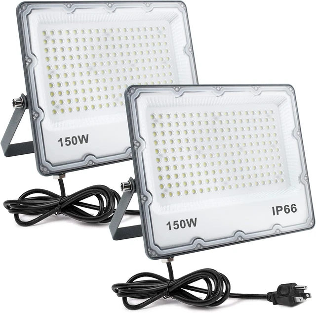Alt view image 7 of 12 - 150W LED Flood Lights Plug in, Outdoor Security Lights Fixtures 6500K 15000LM Illumination, IP66 Waterproof White Lighting for Ball Ground, Parking Lot, Pathway, Yard (2 Pack)