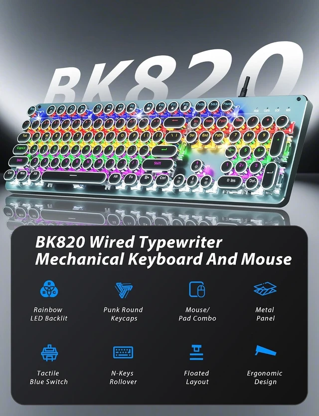 Alt view image 9 of 14 - Typewriter Style Mechanical Gaming Keyboard Blue Switch, Rainbow LED Backlit Wired Computer Keyboards Mouse and Pad Combo, Metal Panel Retro Punk Round Keycaps, 104 Keys Anti-Ghost for PC Laptop Gamer