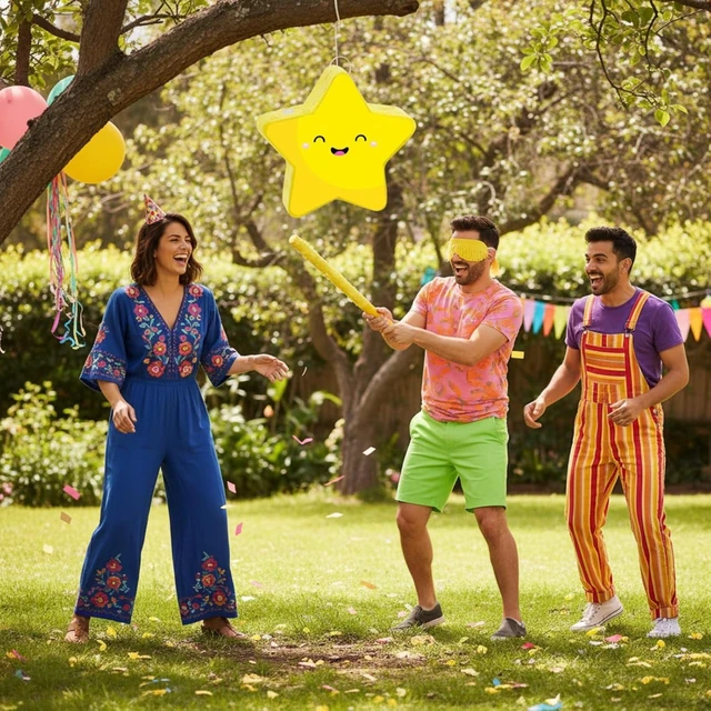 Alt view image 11 of 12 - Hicarer Yellow Star Piñata Set Cute Smile Star Piñata Eye Mask Stick for Twinkle Twinkle Little Cartoon Birthday Party Decoration Supplies
