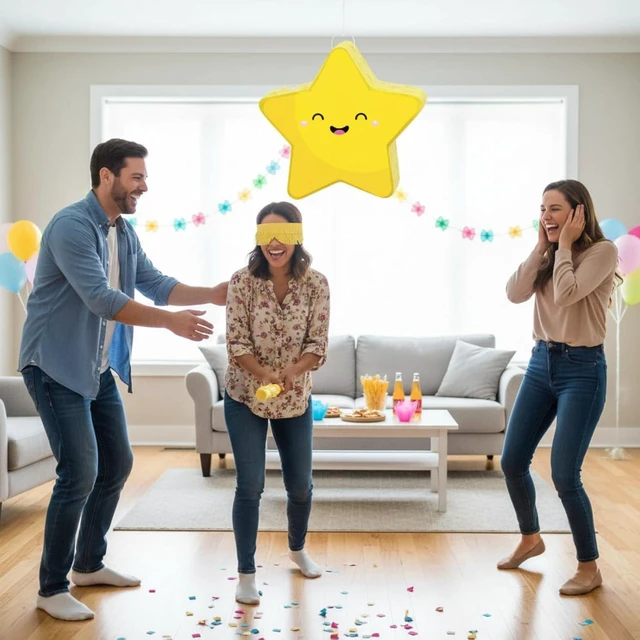 Alt view image 12 of 12 - Hicarer Yellow Star Piñata Set Cute Smile Star Piñata Eye Mask Stick for Twinkle Twinkle Little Cartoon Birthday Party Decoration Supplies